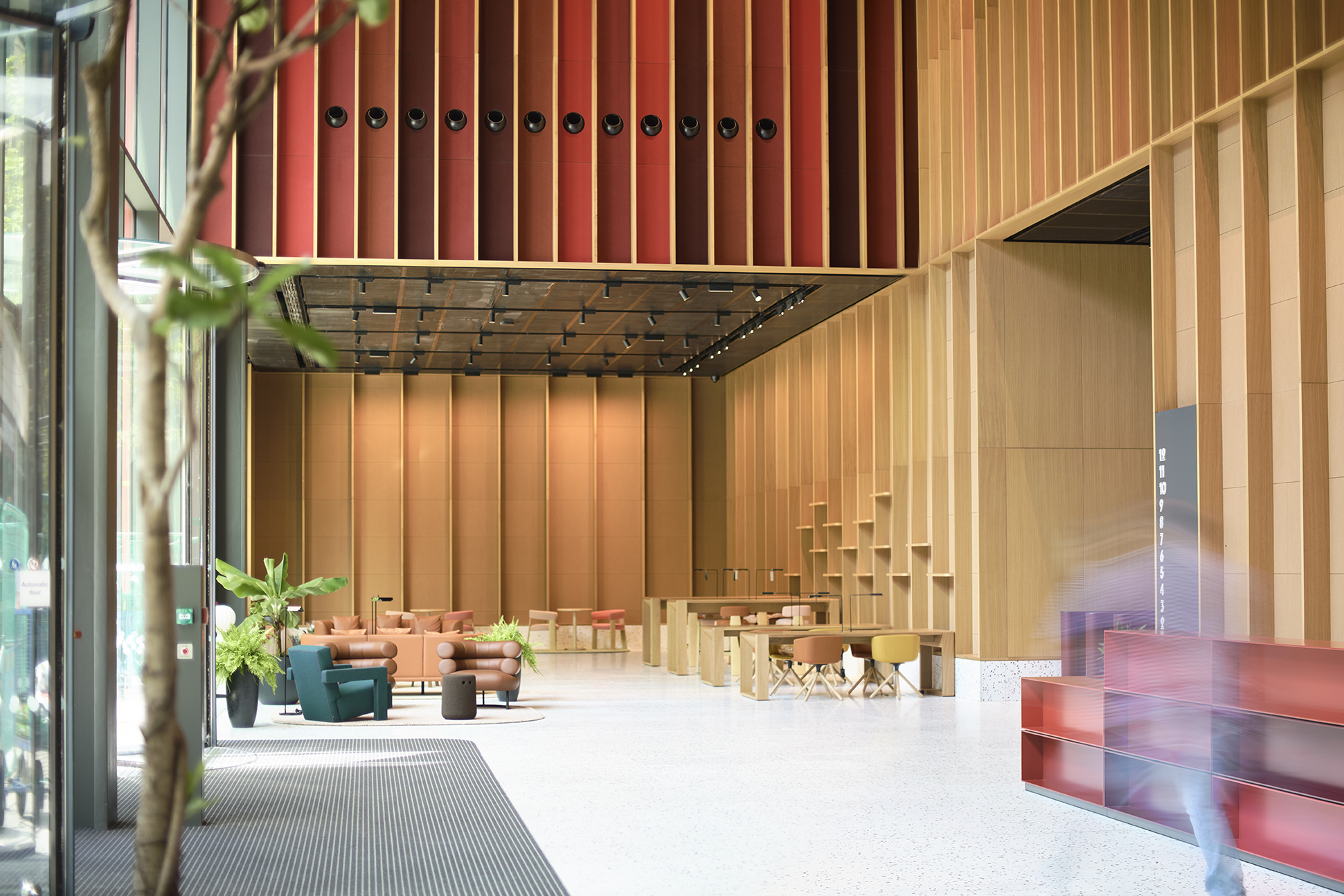 A modern office with a wooden floor and green plants.