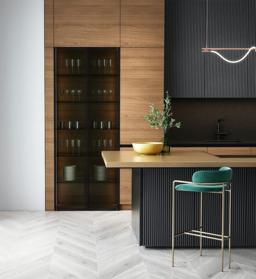 A contemporary kitchen with sleek black cabinets and warm wooden floors