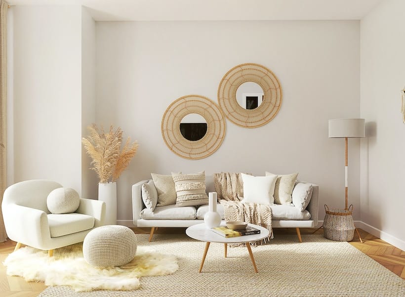 A living room with white furniture and a rug.